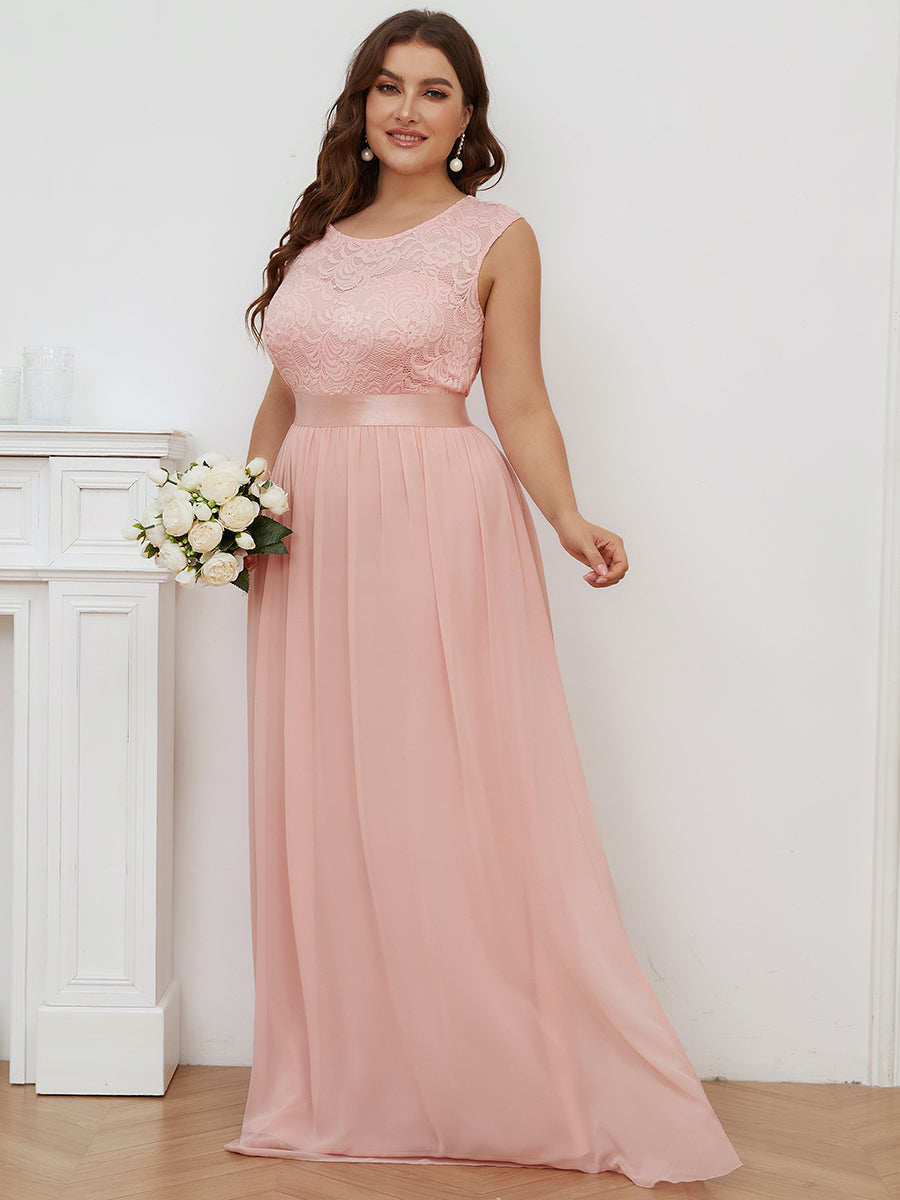 Taille personnalisée robe de demoiselle d'honneur classique à col rond et dos en dentelle #couleur_Rose Taille personnalisée robe de demoiselle d'honneur classique à col rond et dos en dentelle