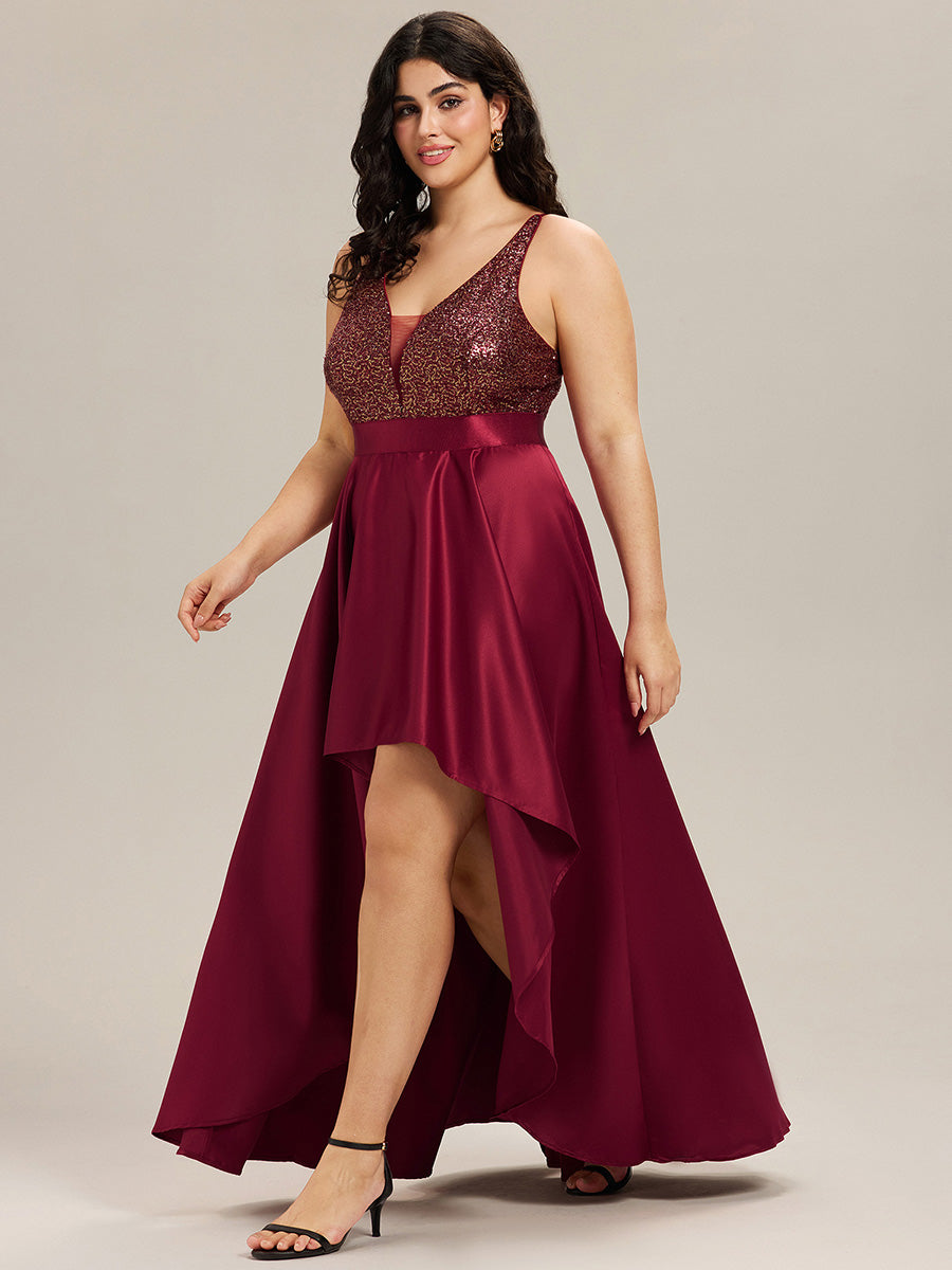 Robe de Bal Grande Taille Scintillante Sexy avec Dos Nu et Ourlet Irrégulier #Couleur_Bordeaux
