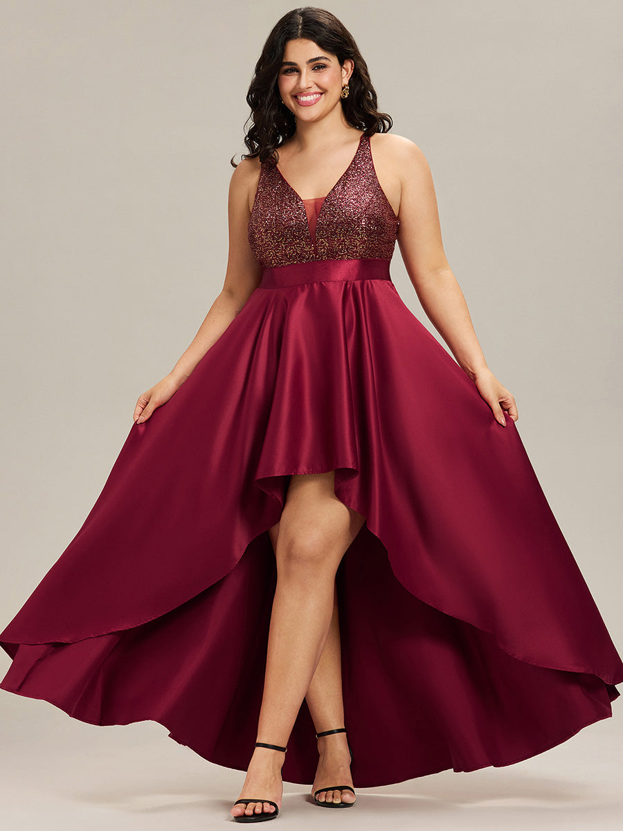 Robe de Bal Grande Taille Scintillante Sexy avec Dos Nu et Ourlet Irrégulier #Couleur_Bordeaux