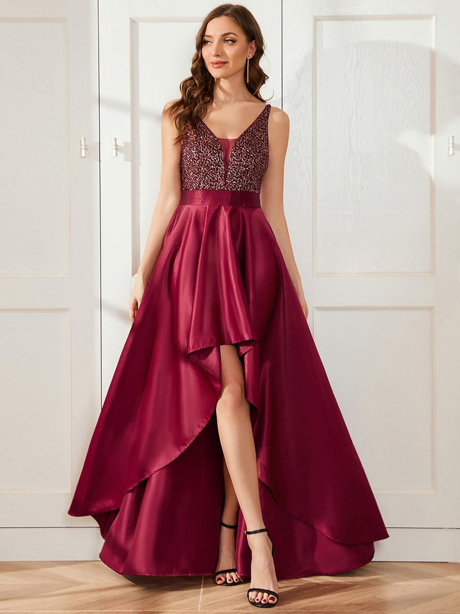 Robe de Bal Scintillante Sexy avec Dos Nu et Ourlet Irrégulier #Couleur_Bordeaux