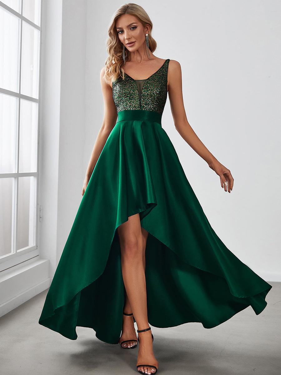 Robe de Bal Scintillante Sexy avec Dos Nu et Ourlet Irrégulier #Couleur_Vert Fonce