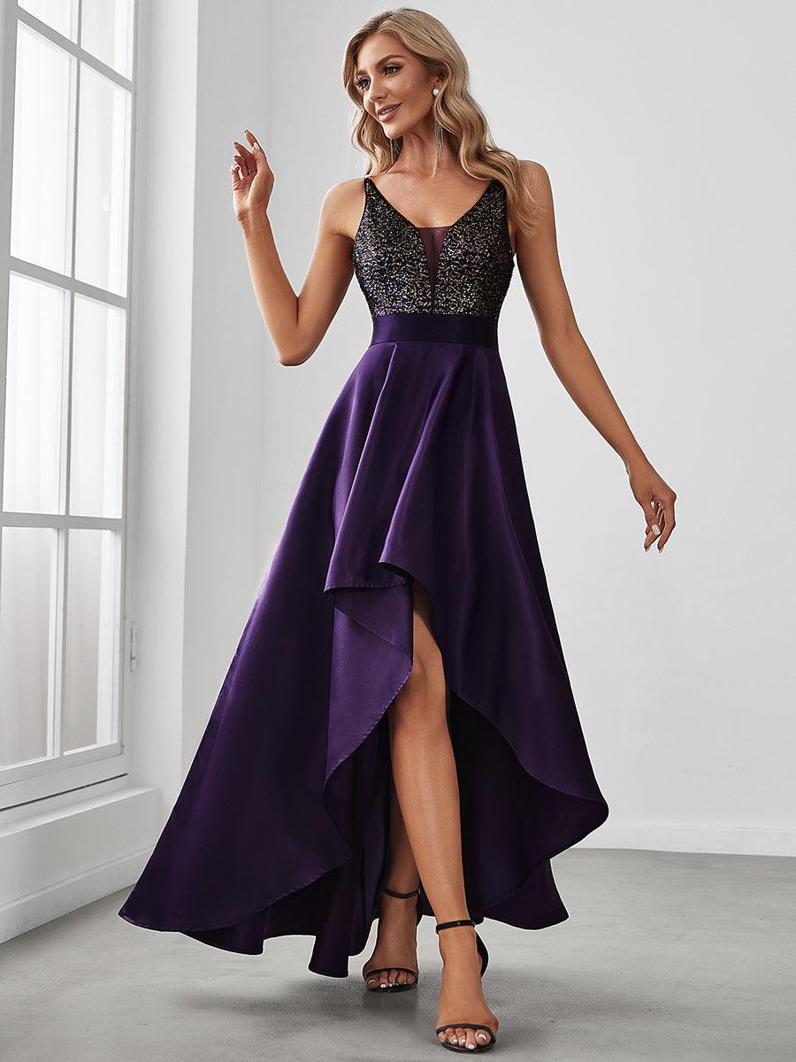 Robe de Bal Scintillante Sexy avec Dos Nu et Ourlet Irrégulier #Couleur_Violet Fonce