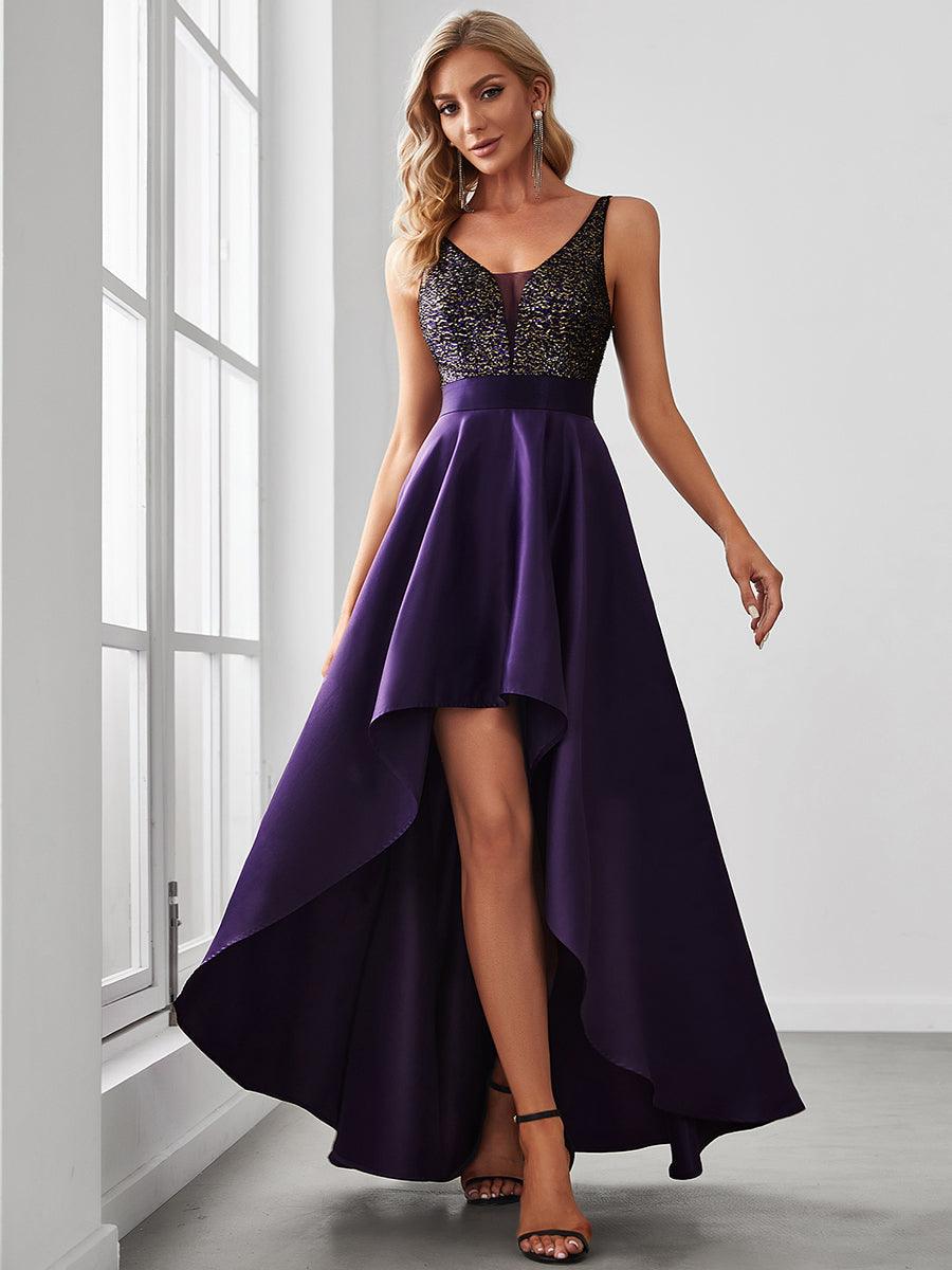 Robe de Bal Scintillante Sexy avec Dos Nu et Ourlet Irrégulier #Couleur_Violet Fonce