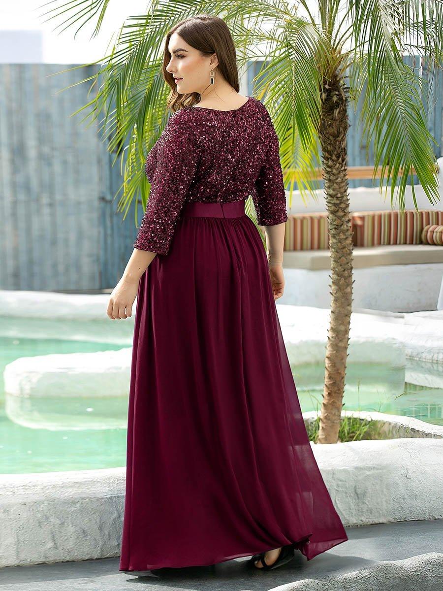 Robe de soirée élégante à encolure ronde et à manches 3/4 en patchwork de sequins #Couleur_Bordeaux