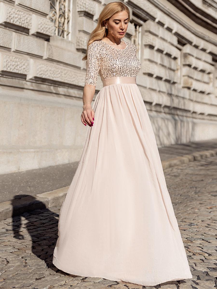 Robe de soirée élégante à encolure ronde et à manches 3/4 en patchwork de sequins #Couleur_Blush