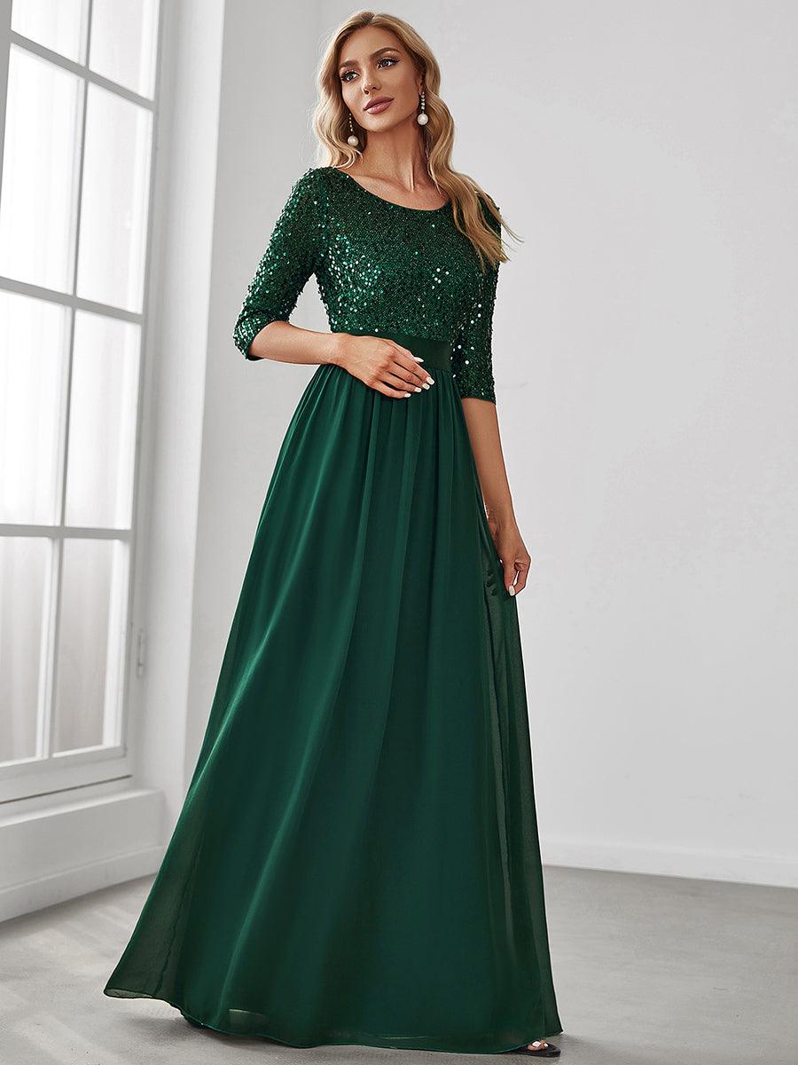 Robe de soirée élégante à encolure ronde et à manches 3/4 en patchwork de sequins #Couleur_Vert Fonce