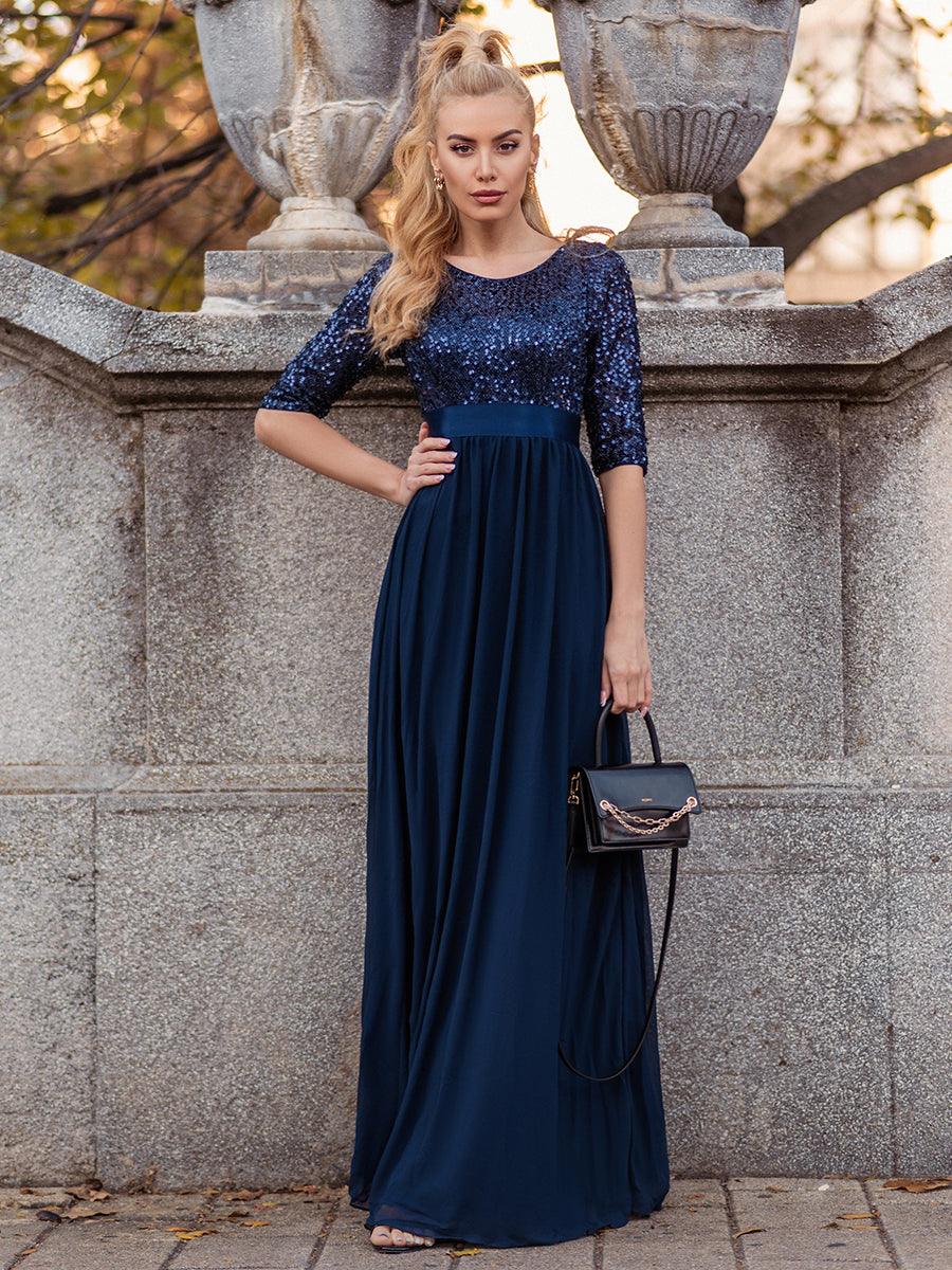 Robe de soirée élégante à encolure ronde et à manches 3/4 en patchwork de sequins #Couleur_Bleu Marine