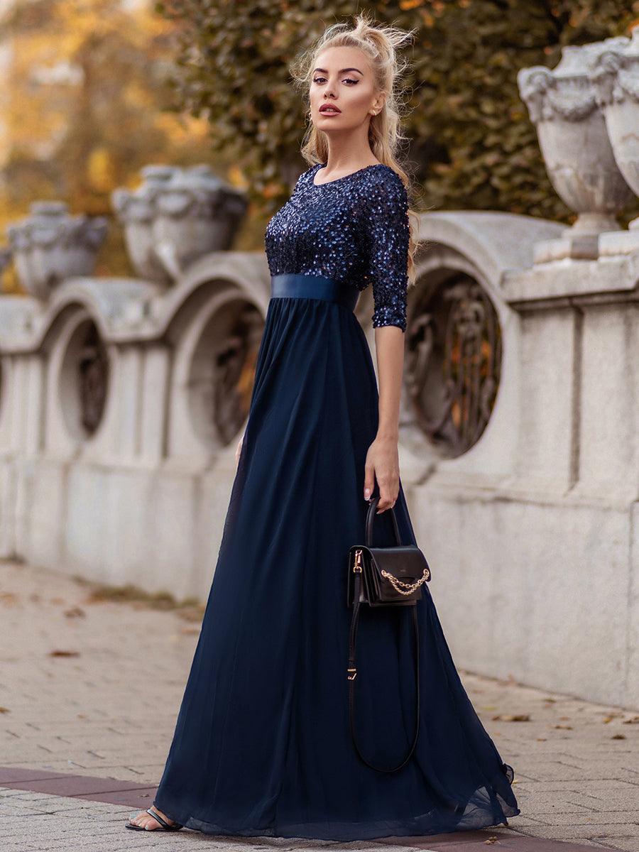 Robe de soirée élégante à encolure ronde et à manches 3/4 en patchwork de sequins #Couleur_Bleu Marine