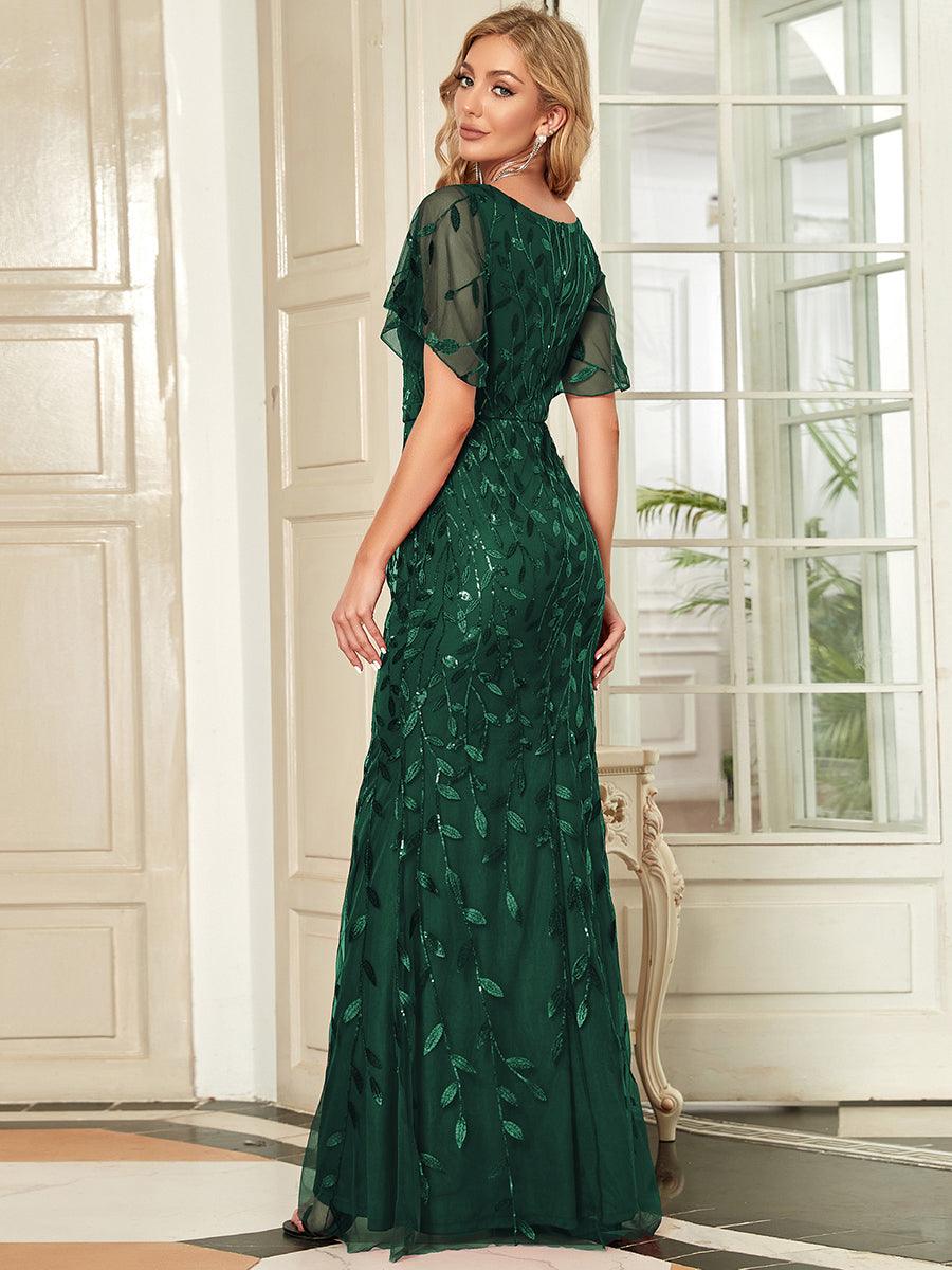 Robe de Soirée Longue Sirène à Pailletée à Col en V Profond #Couleur_Vert Fonce