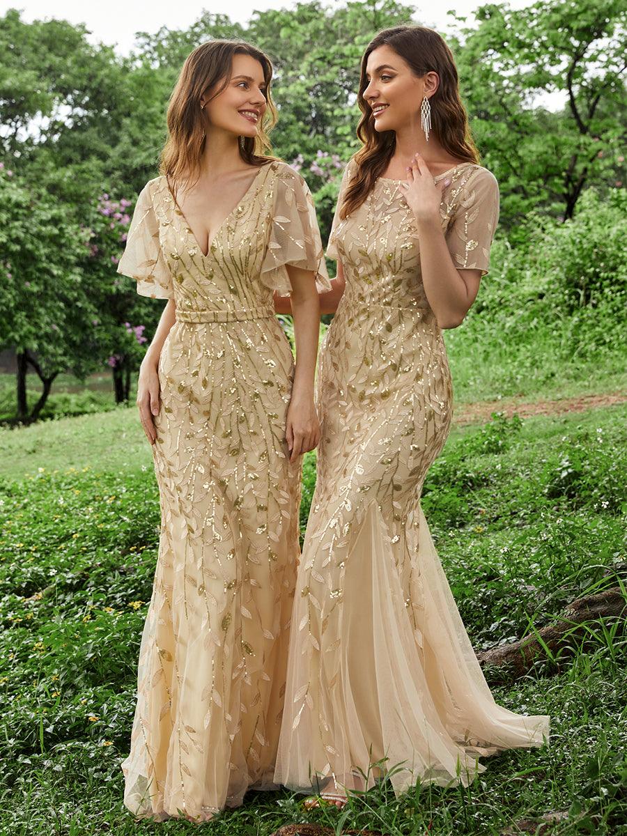 Robe de Soirée Longue Sirène à Pailletée à Col en V Profond #Couleur_Dorée