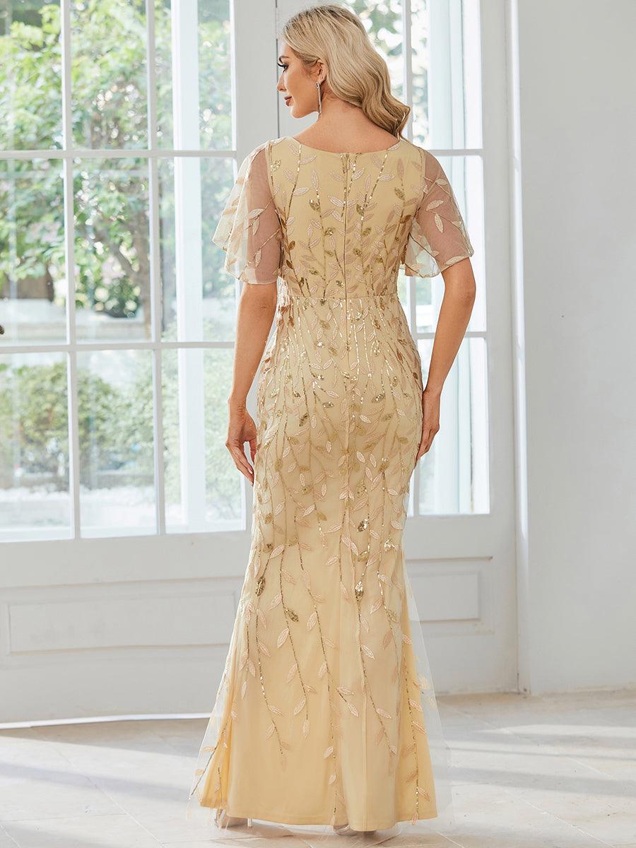 Robe de Soirée Longue Sirène à Pailletée à Col en V Profond #Couleur_Dorée