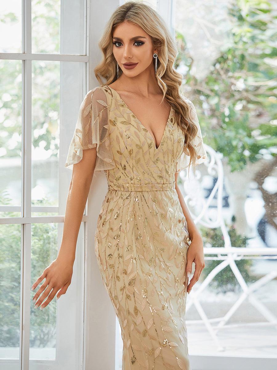 Robe de Soirée Longue Sirène à Pailletée à Col en V Profond #Couleur_Dorée