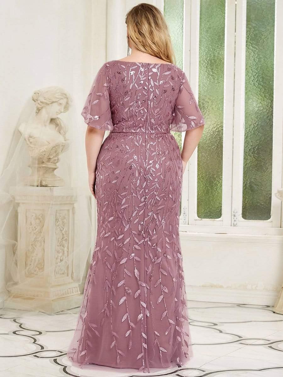 Robe de Soirée Longue Grande Taille Sirène à Pailletée à Col en V #Couleur_Orchidee