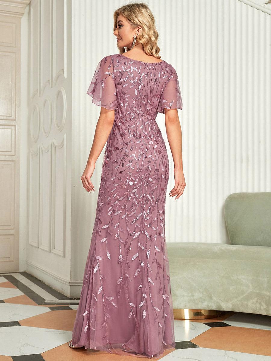 Robe de Soirée Longue Sirène à Pailletée à Col en V Profond #Couleur_Orchidee