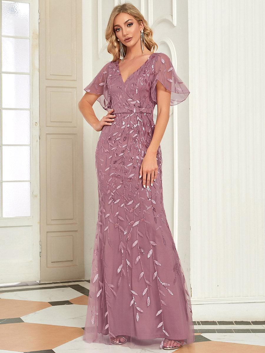 Robe de Soirée Longue Sirène à Pailletée à Col en V Profond #Couleur_Orchidee