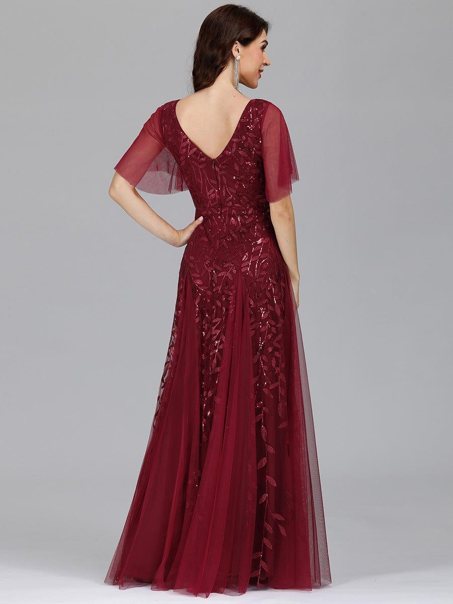 Robe de Soirée Longue Romantique et Scintillante à Col V et Pailletes #Couleur_Bordeaux