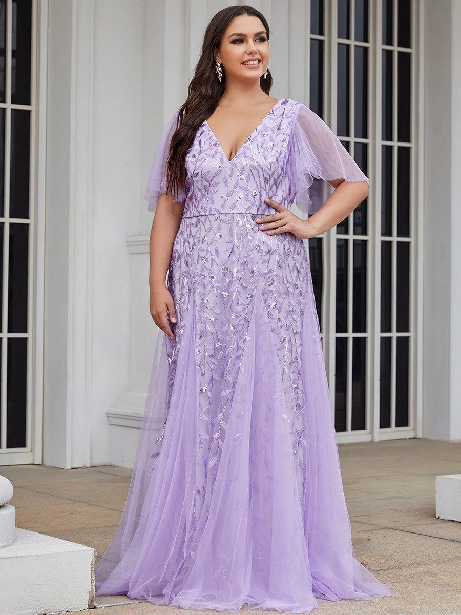 Taille Personnalisée Robe de Soirée Longue Romantique et Scintillante à Col V et Pailletes #couleur_Lavande Taille Personnalisée Robe de Soirée Longue Romantique et Scintillante à Col V et Pailletes
