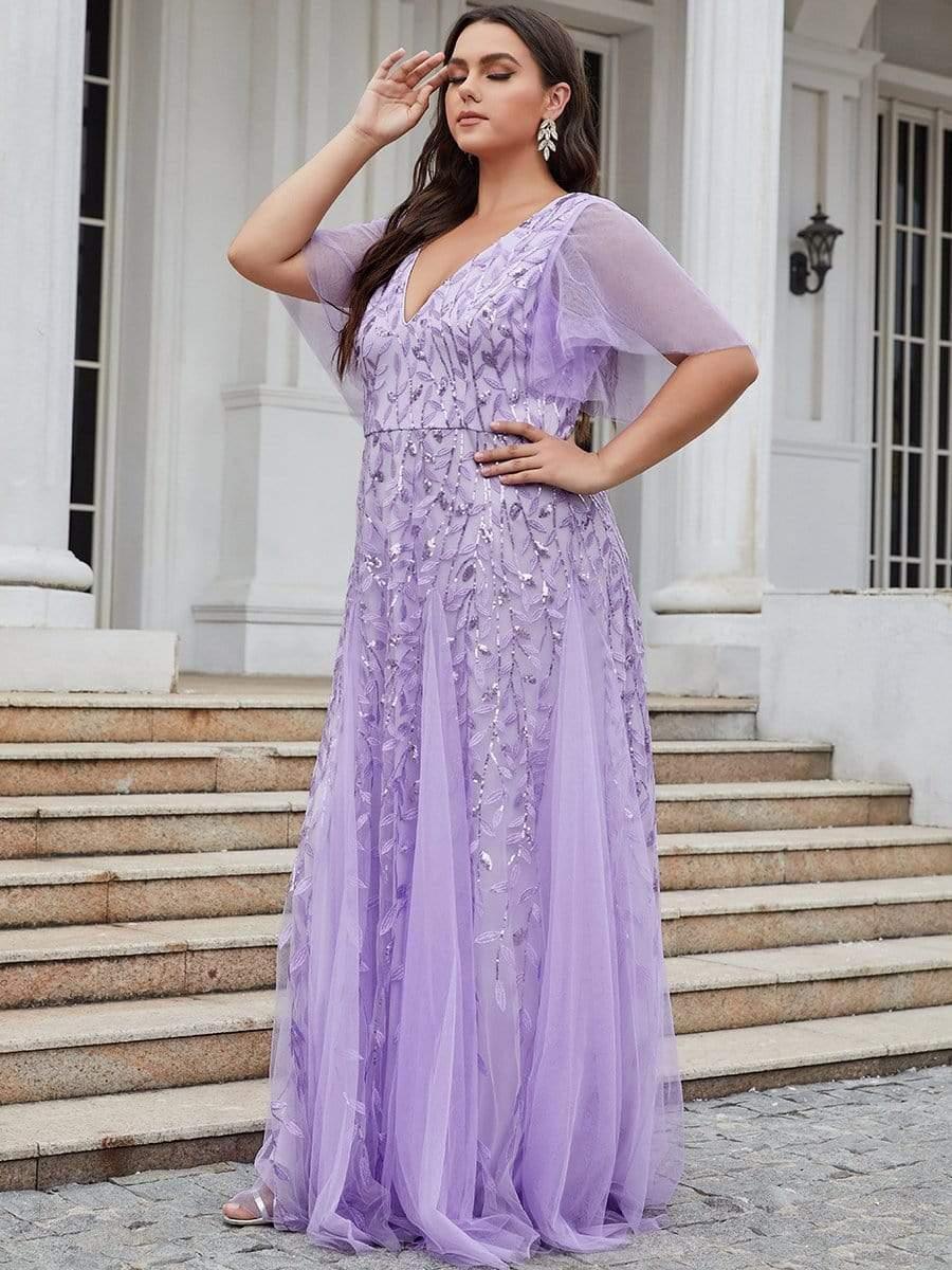 Grande Taille Robe de Soirée Longue Romantique et Scintillante à Col V et Pailletes #Couleur_Lavande