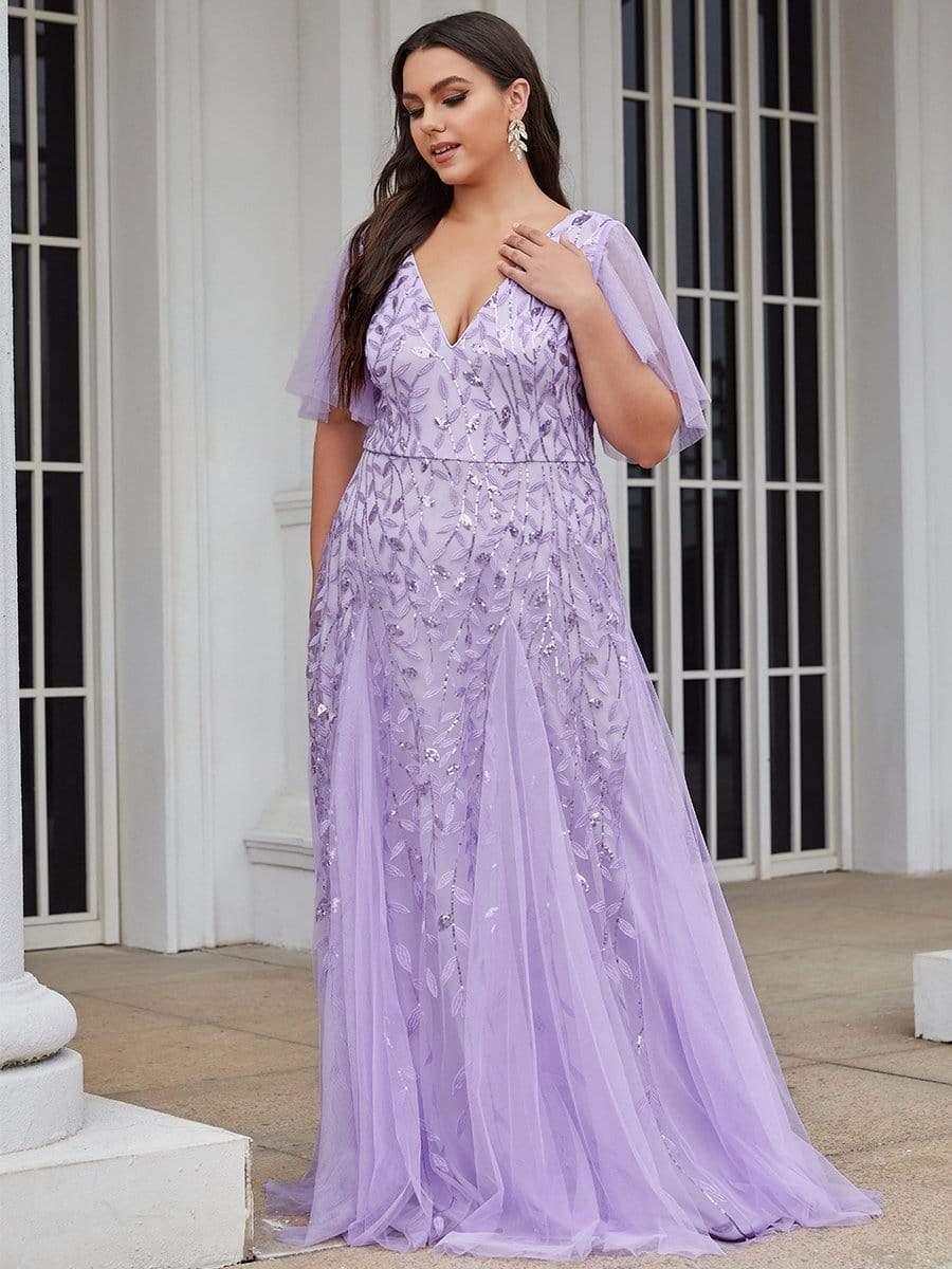 Grande Taille Robe de Soirée Longue Romantique et Scintillante à Col V et Pailletes #Couleur_Lavande