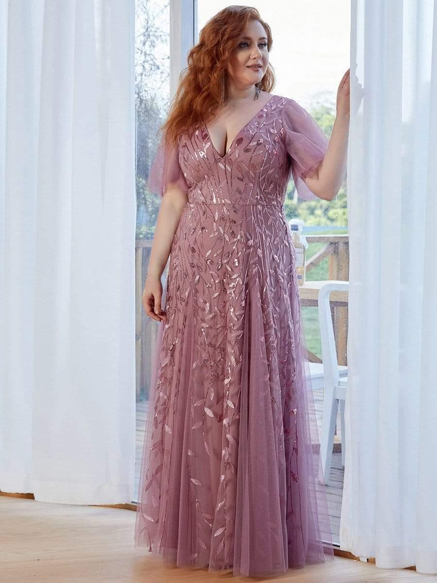 Grande Taille Robe de Soirée Longue Romantique et Scintillante à Col V et Pailletes #Couleur_Orchidee
