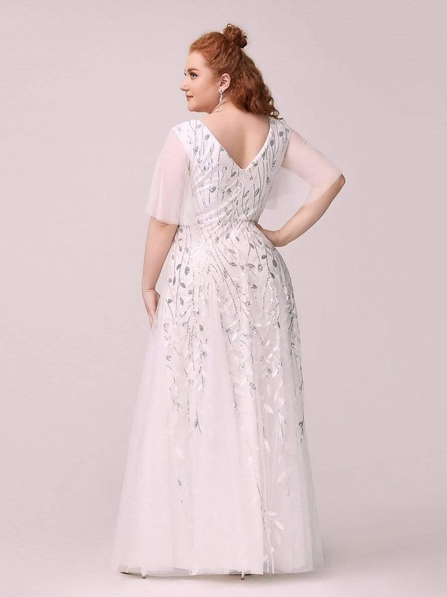 Grande Taille Robe de Soirée Longue Romantique et Scintillante à Col V et Pailletes #Couleur_Blanc