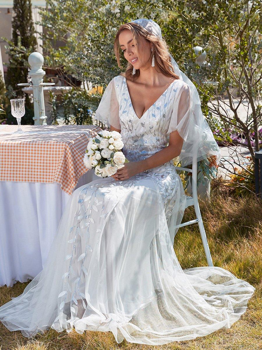 Robe de mariée moderne brodée longue au sol en sequins #Couleur_Blanc