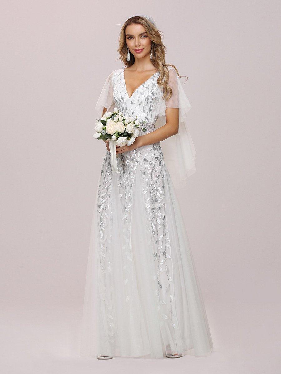 Robe de mariée moderne brodée longue au sol en sequins #Couleur_Blanc