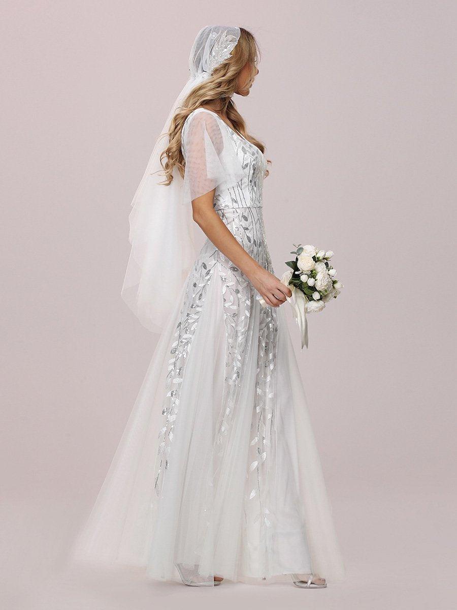 Robe de mariée moderne brodée longue au sol en sequins #Couleur_Blanc