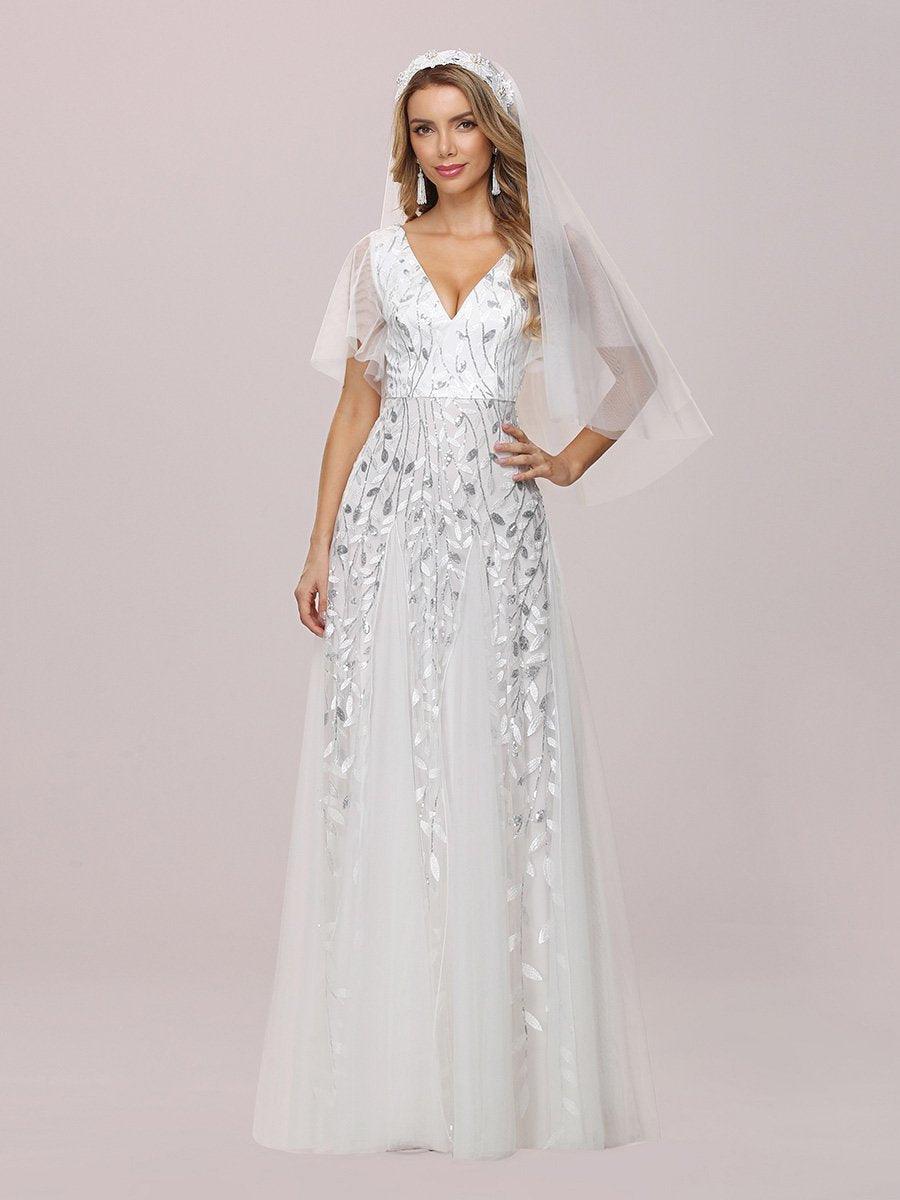Robe de mariée moderne brodée longue au sol en sequins #Couleur_Blanc