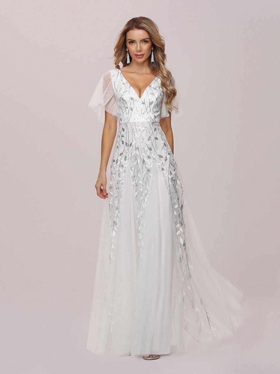 Robe de mariée moderne brodée longue au sol en sequins #Couleur_Blanc