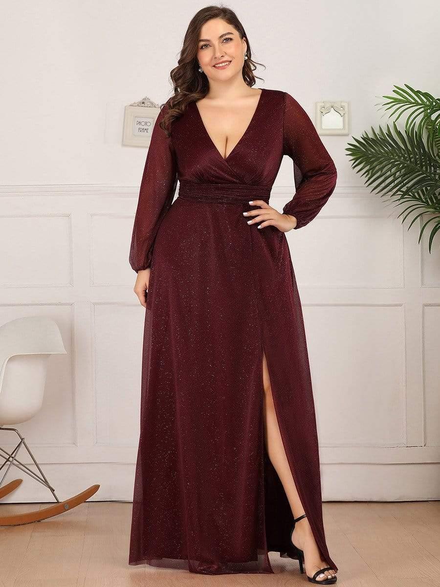 Robe mariage invitée Longue chatoyante à Col en V pour femmes #Couleur_Bordeaux
