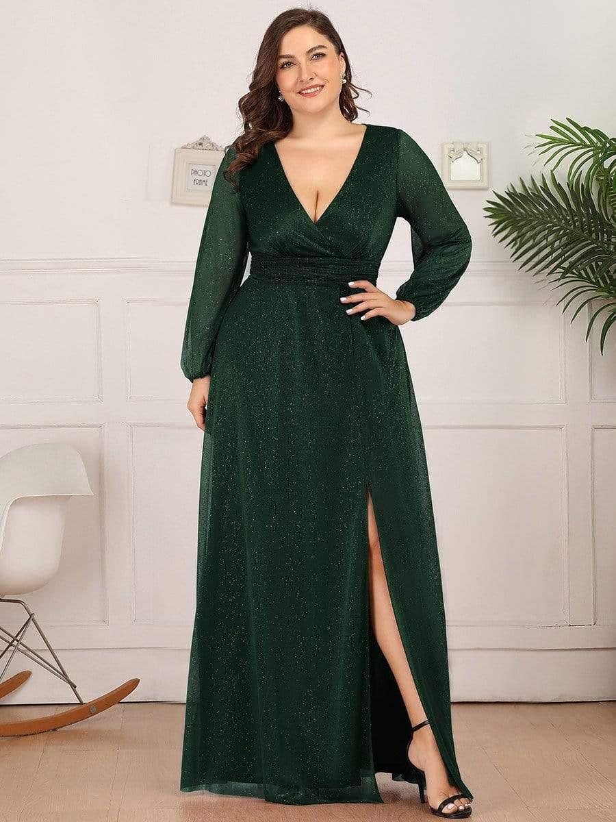 Robe mariage invitée Longue chatoyante à Col en V pour femmes #Couleur_Vert Fonce