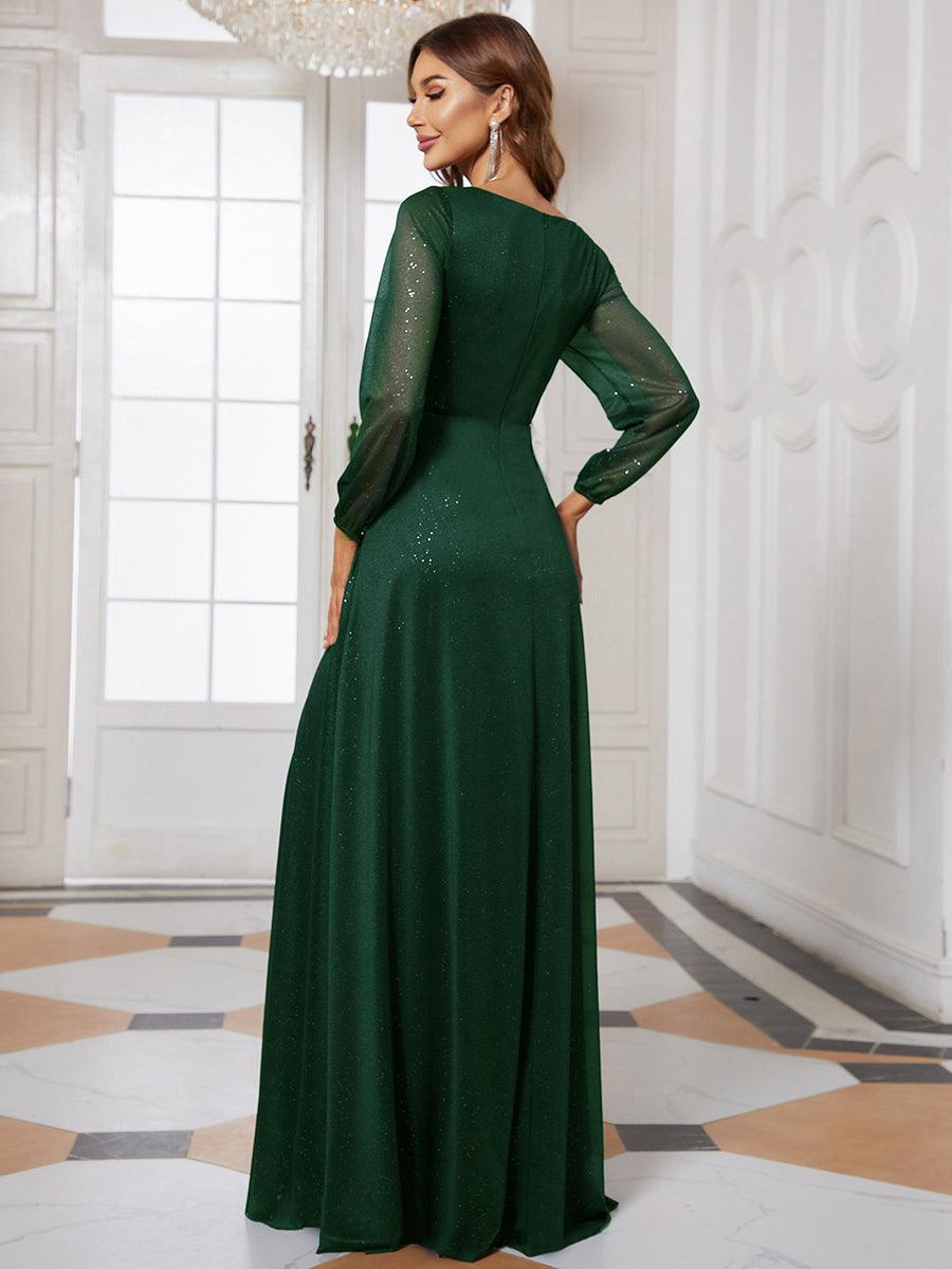 Robe mariage invitée Longue chatoyante à Col en V pour femmes #Couleur_Vert Fonce