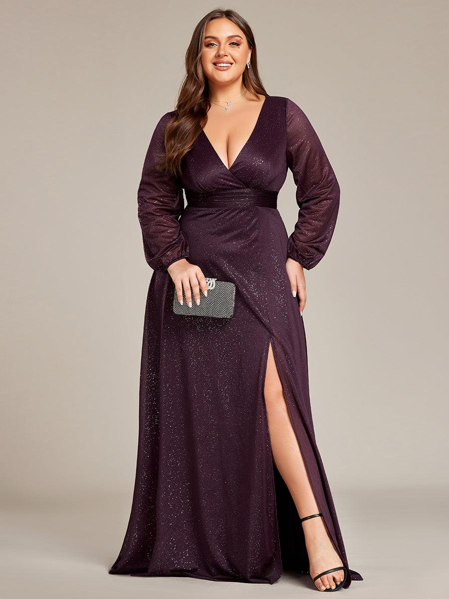 Robe de Cérémonie Longue Brillante à Col en V avec Manches Longues #Couleur_Violet Fonce