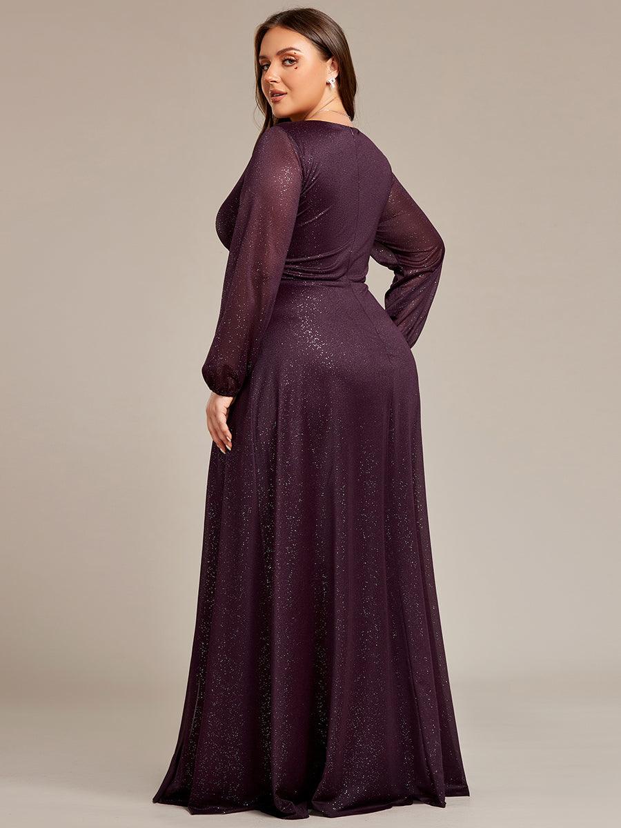 Robe de Cérémonie Longue Brillante à Col en V avec Manches Longues #Couleur_Violet Fonce