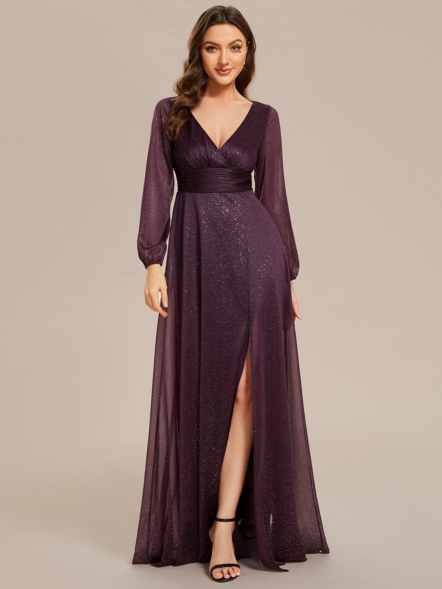 Robe de Cérémonie Longue Brillante à Col en V avec Manches Longues #Couleur_Violet Fonce