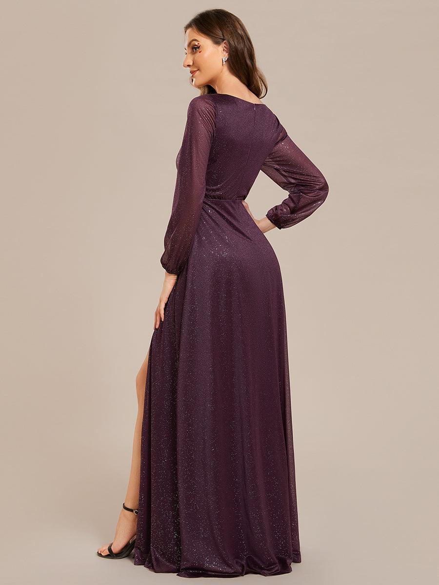 Robe de Cérémonie Longue Brillante à Col en V avec Manches Longues #Couleur_Violet Fonce