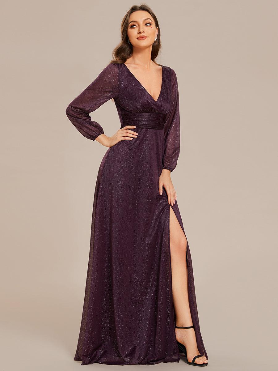 Robe de Cérémonie Longue Brillante à Col en V avec Manches Longues #Couleur_Violet Fonce