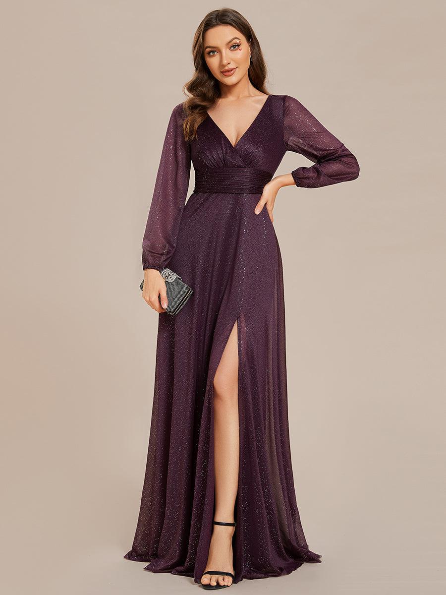 Robe de Cérémonie Longue Brillante à Col en V avec Manches Longues #Couleur_Violet Fonce