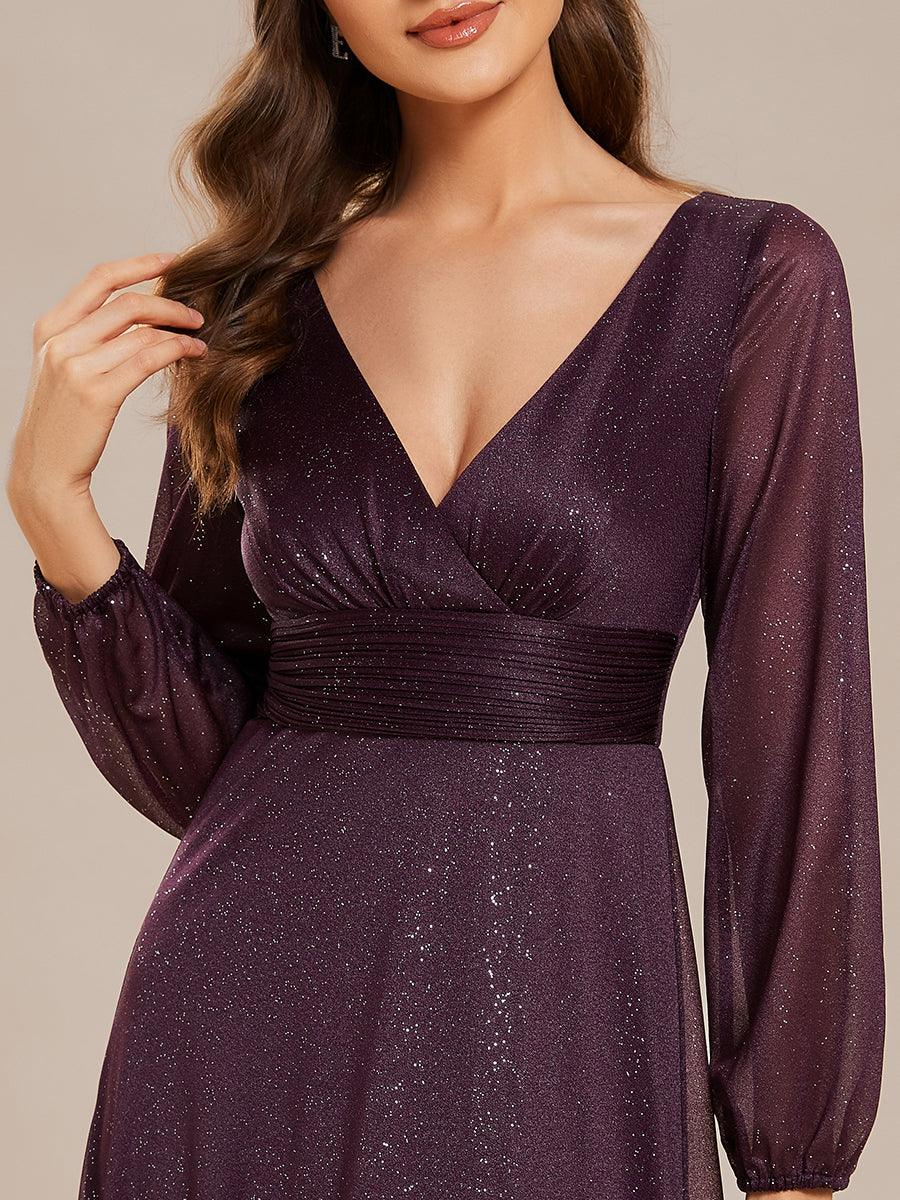 Robe de Cérémonie Longue Brillante à Col en V avec Manches Longues #Couleur_Violet Fonce