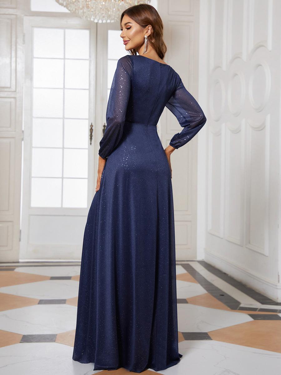 Robe mariage invitée Longue chatoyante à Col en V pour femmes #Couleur_Bleu Marine