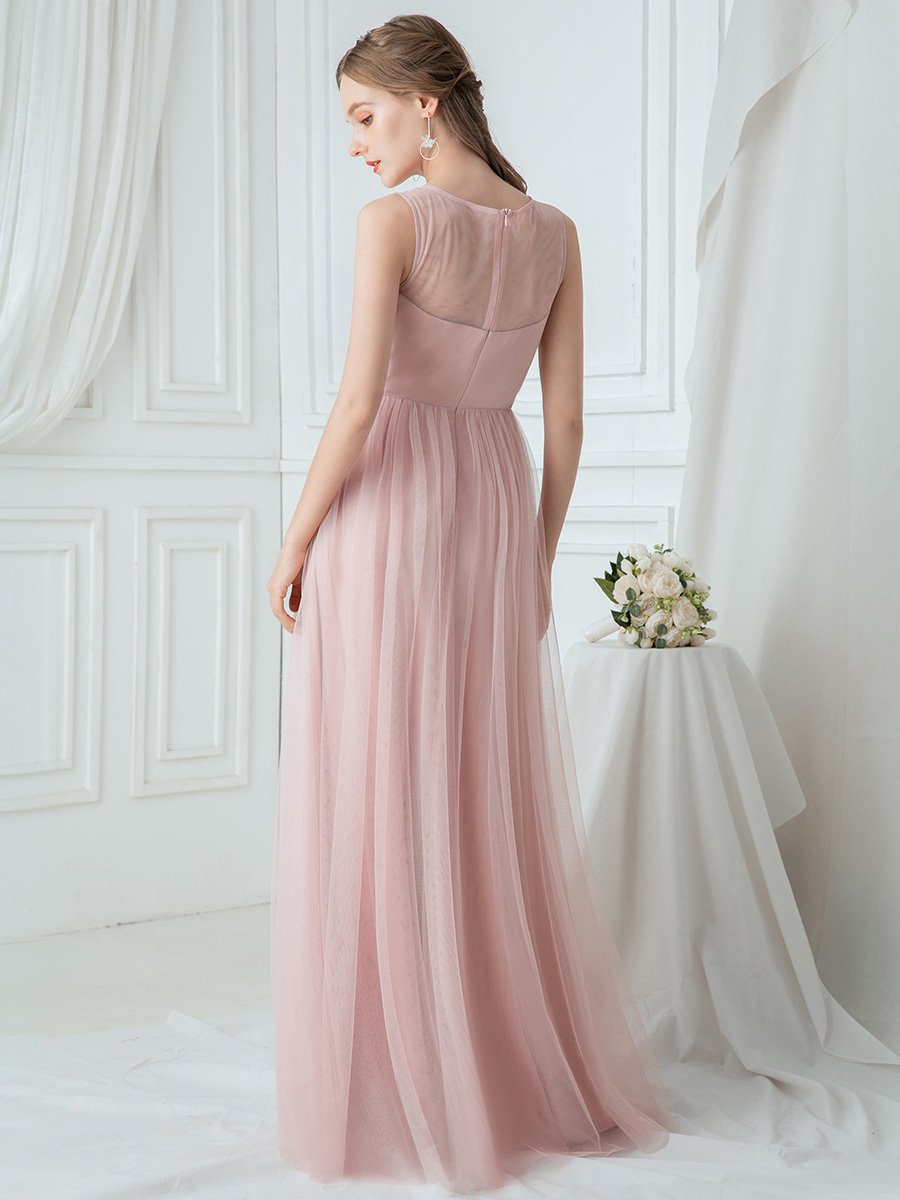 Robe Demoiselle d'Honneur Romantique à Col Rond Transparent en Tulle #Couleur_Rose Robe Demoiselle d'Honneur Romantique à Col Rond Transparent en Tulle