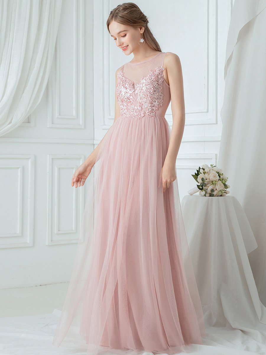 Robe Demoiselle d'Honneur Romantique à Col Rond Transparent en Tulle #Couleur_Rose Robe Demoiselle d'Honneur Romantique à Col Rond Transparent en Tulle