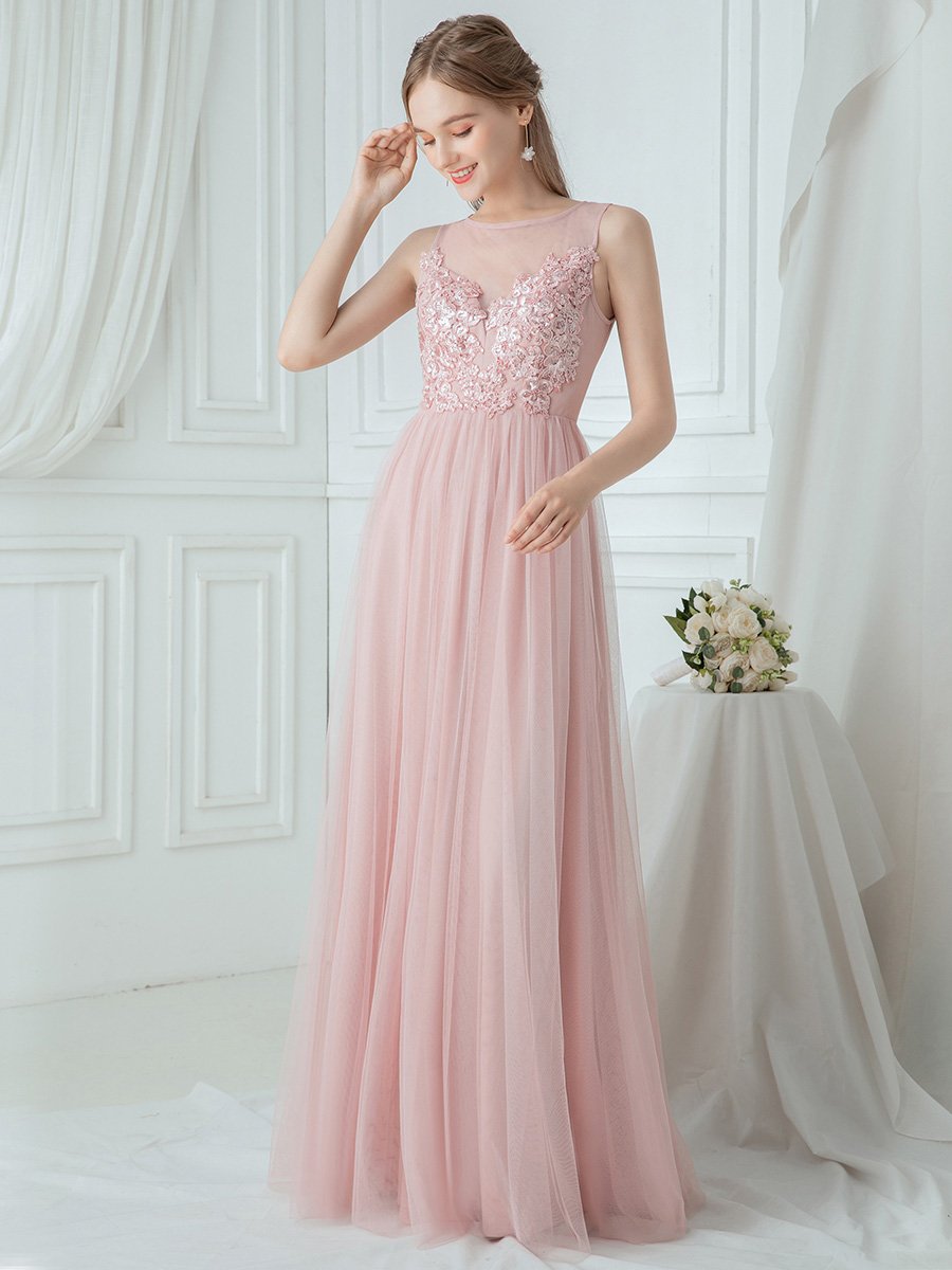 Robe Demoiselle d'Honneur Romantique à Col Rond Transparent en Tulle #Couleur_Rose Robe Demoiselle d'Honneur Romantique à Col Rond Transparent en Tulle