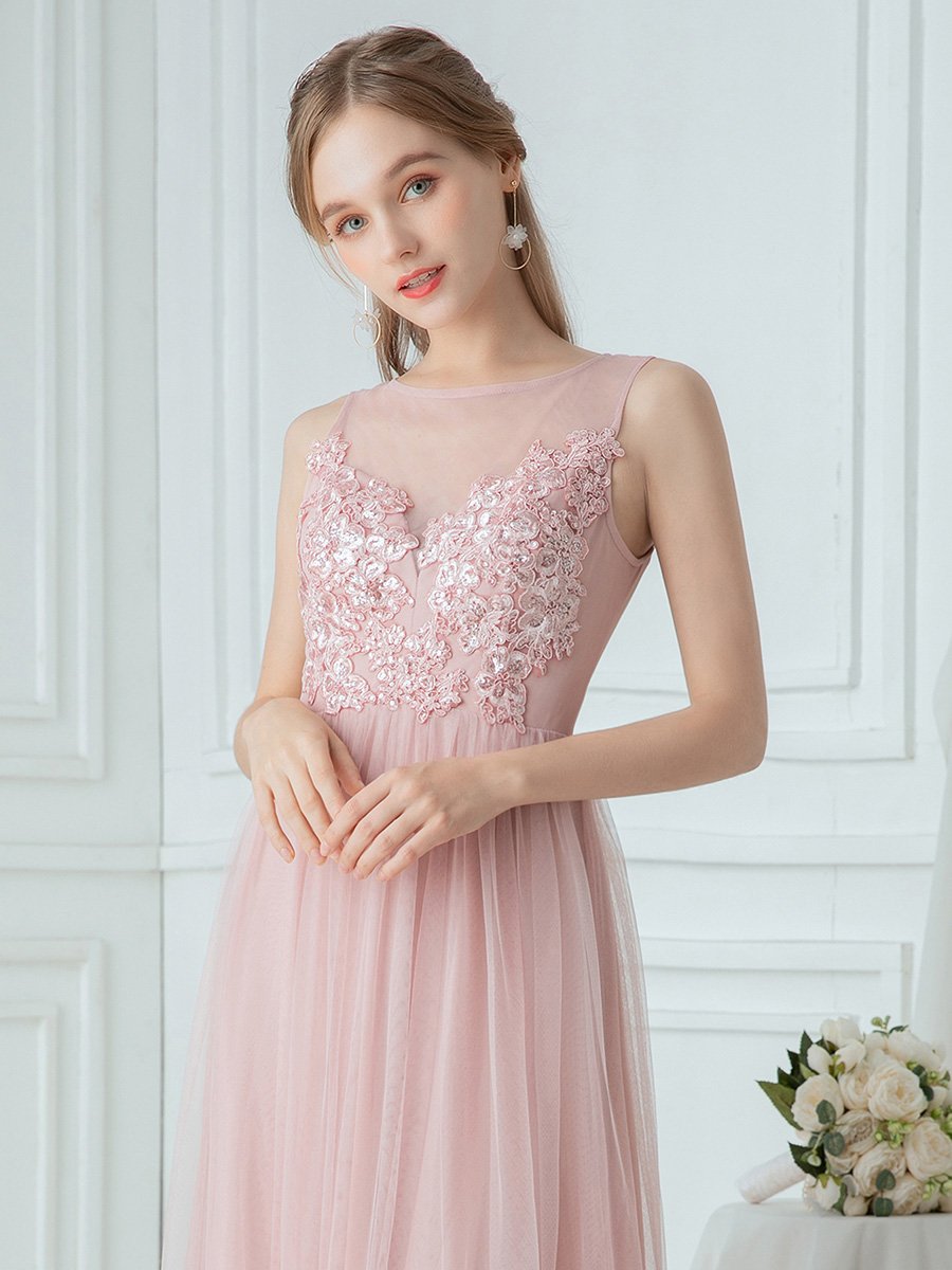 Robe Demoiselle d'Honneur Romantique à Col Rond Transparent en Tulle #Couleur_Rose Robe Demoiselle d'Honneur Romantique à Col Rond Transparent en Tulle