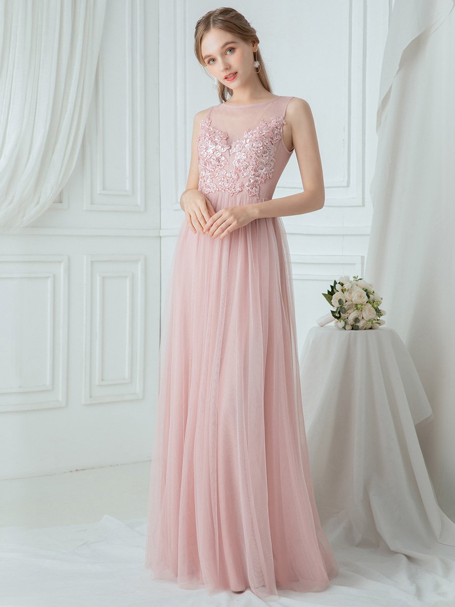 Robe Demoiselle d'Honneur Romantique à Col Rond Transparent en Tulle #Couleur_Rose Robe Demoiselle d'Honneur Romantique à Col Rond Transparent en Tulle