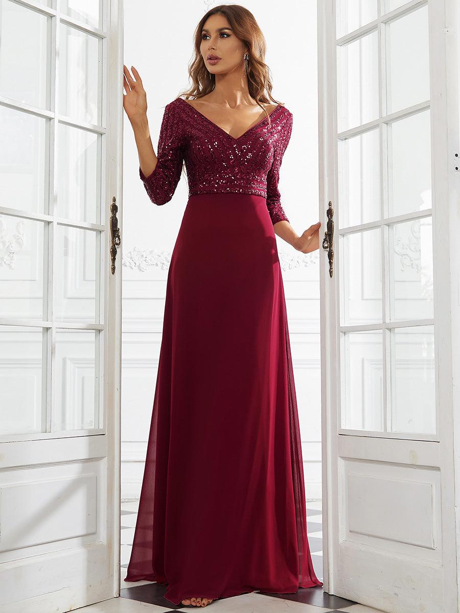 Taille personnalisée Robe de Soirée Longue Col en V et Paillettes #Couleur_Bleu Marine Taille personnalisée Robe de Soirée Longue Col en V et Paillettes