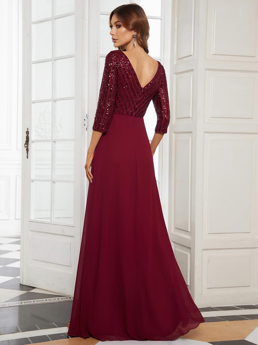 Robe de Soirée Longue Sexy à Col en V et Paillettes avec Manches 3/4 #Couleur_Bordeaux
