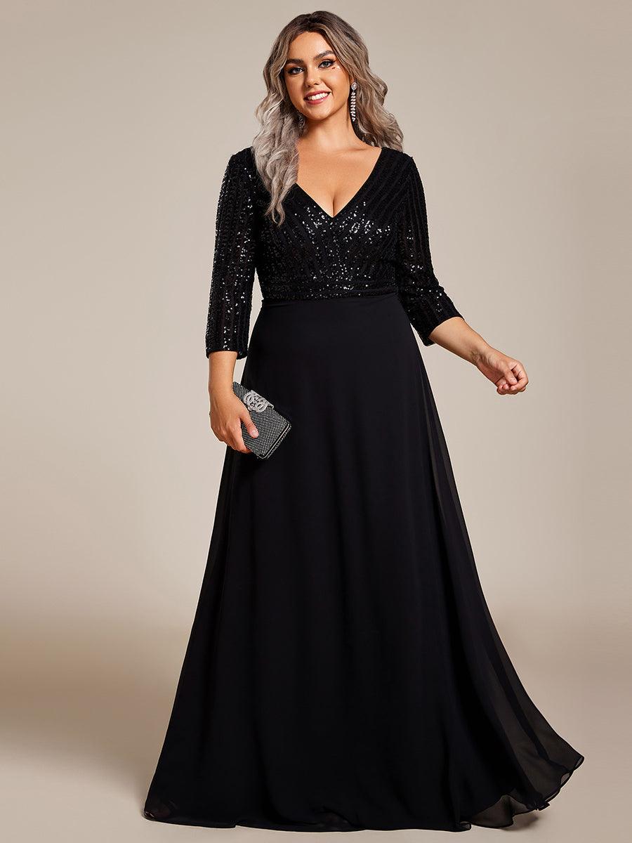 Robe de soirée à paillettes, col V, taille plus, avec manches, décolleté en A #Couleur_Noir