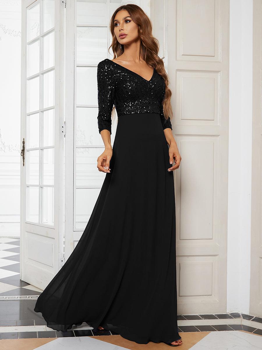 Robe de Soirée Longue Sexy à Col en V et Paillettes avec Manches 3/4 #Couleur_Noir
